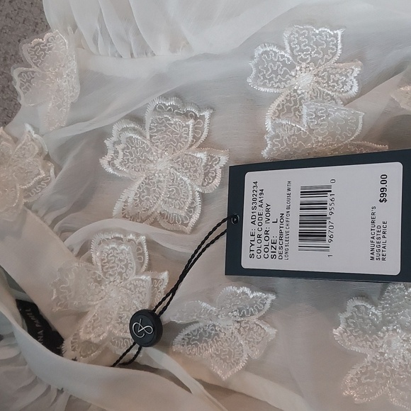 Adrianna Papell Floral Embroidered Chiffon Semi-Sheer Blouse Sz-L - Picture 8 of 8